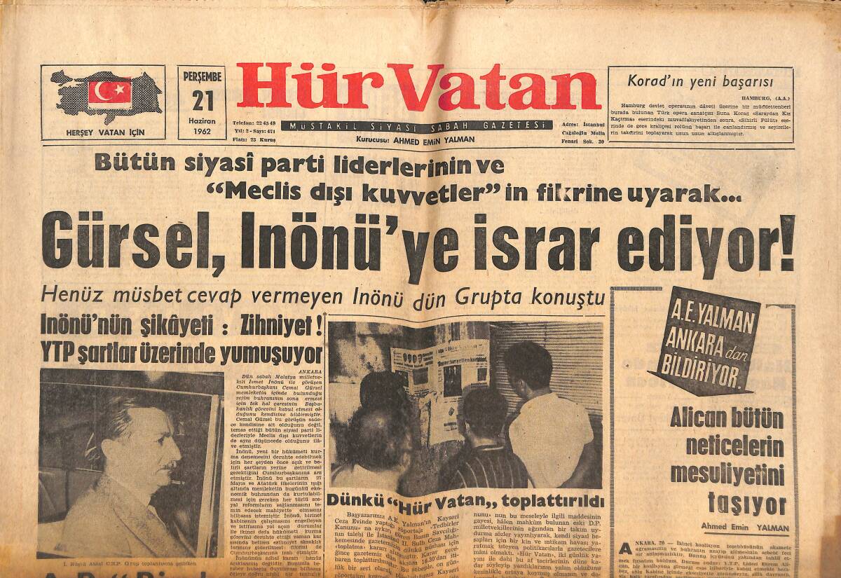 Hür Vatan Gazetesi 21 Haziran 1962 - Galatasaray Beşiktaş Bu Gece Ankara'da Oynuyor - Hollwood'un Güzel Bacaklı Yıldızı Angie Dickson GZ143936 - 1