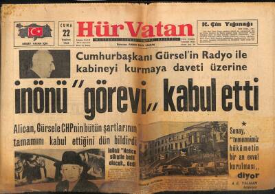 Hür Vatan Gazetesi 22 Haziran 1962 - İnönü Görevi Kabul Etti GZ97067 - 1