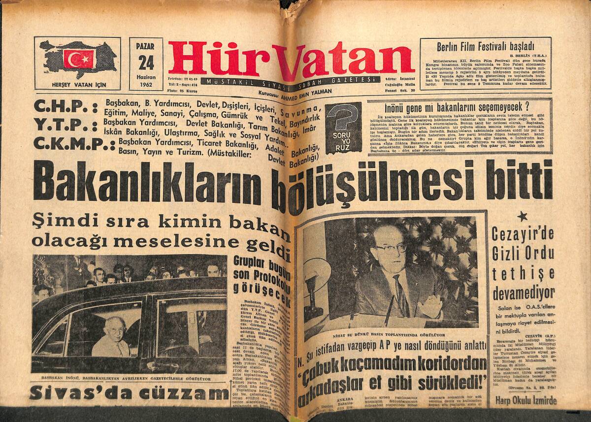 Hür Vatan Gazetesi 24 Haziran 1962 - Cezayir'de Gizli Ordu Tethişe Devam Ediyor - Telefoncu Ayten'in Mektubu Çalınırken Suç Üstü Yapıldı GZ143345 - 1