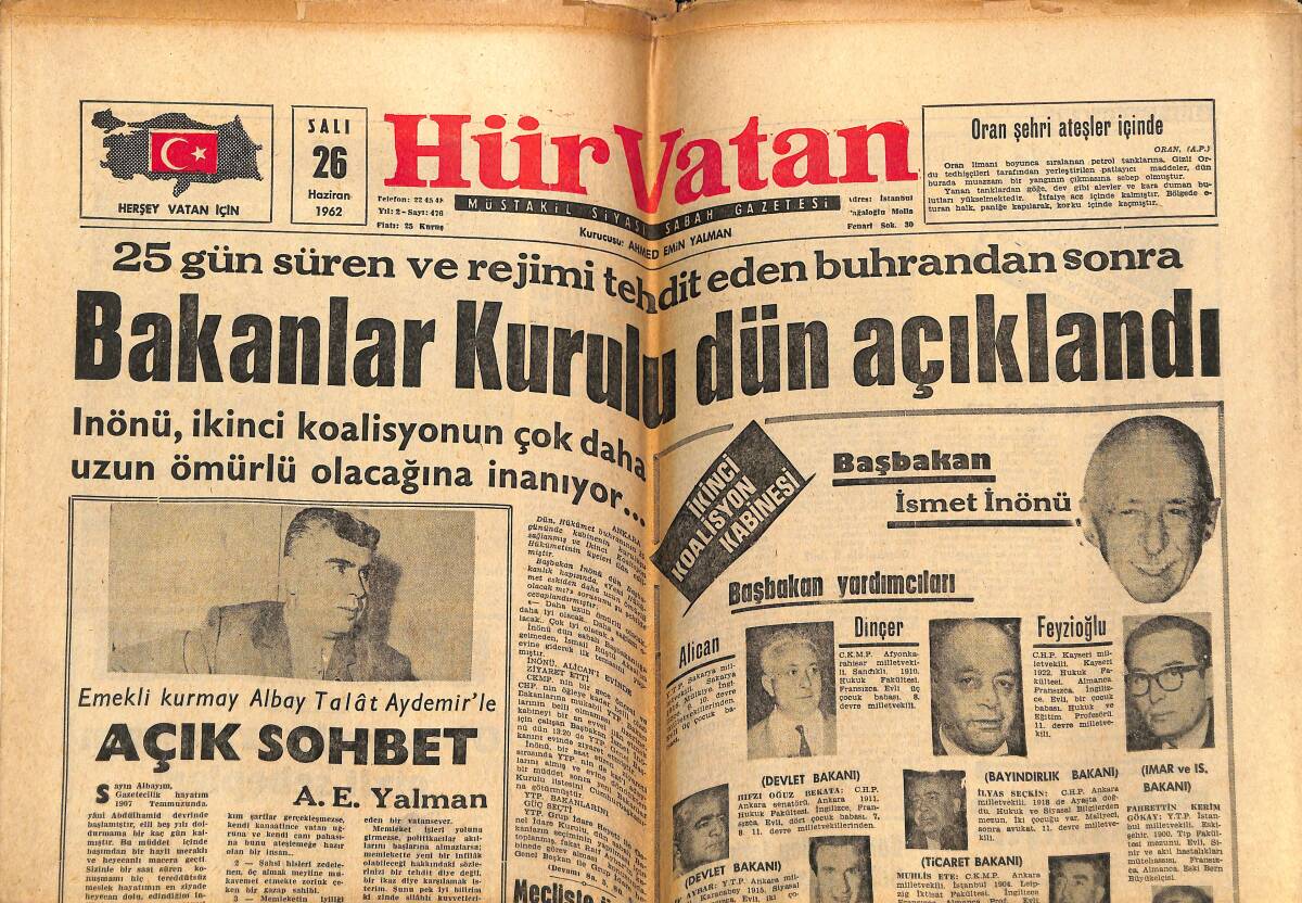 Hür Vatan Gazetesi 26 Haziran 1962 - Kennedy, De Gaulle Ve Kruşçef Yargılanacak - Barzani Başarıya Ulaşabilecek Mi? - Eve Eden Şöhret Yolunda GZ143351 - 1