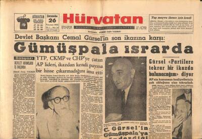 Hür Vatan Gazetesi 26 Temmuz 1961 - Cemal Gürselin Son İkazına Karşı Gümüşpala Israrda GZ97121 - 1