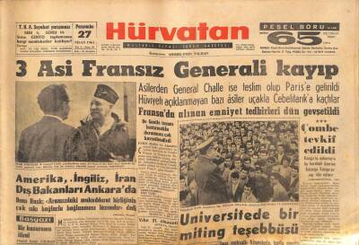Hür Vatan Gazetesi 27 Nisan 1961 - 3 Asi Fransız Generali Kayıp GZ89971 - 1