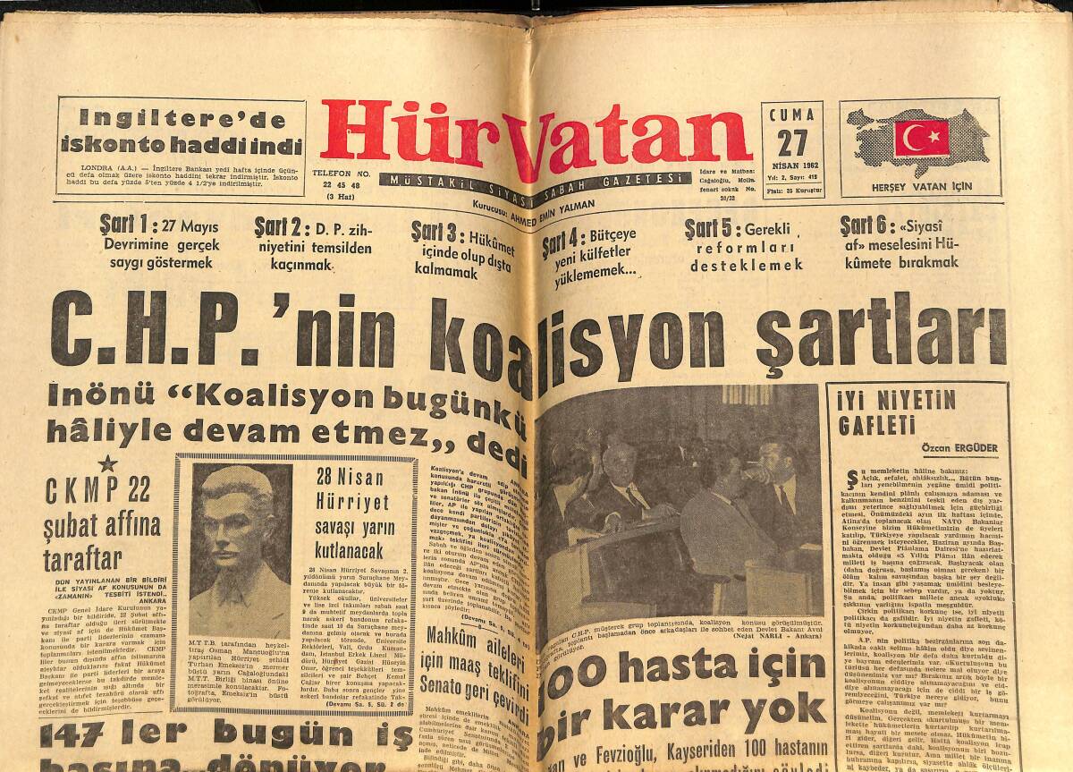 Hür Vatan Gazetesi 27 Nisan 1962 - CHP'nin Koalisyon Şartları - Fenerbahçe 3 Büyüklerin Toplantısına Katılmadı - Kennedy'nin Büyük Başarısı GZ148965 - 1