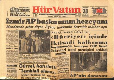 Hür Vatan Gazetesi 28 Eylül 1961 - Adnan Menderese Şehit Diyen Aykaç Hakkında Tahkikat GZ97075 - 1