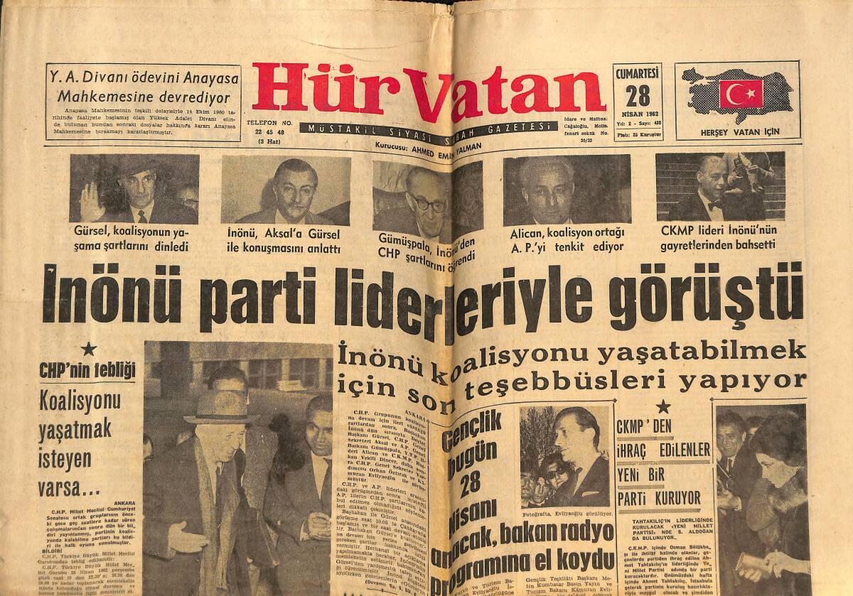 Hür Vatan Gazetesi 28 Nisan 1962 - Liz İle Burton Otomobil Kazası Geçirdiler - İnönü Parti Liderleriyle Görüştü GZ149015 - 1
