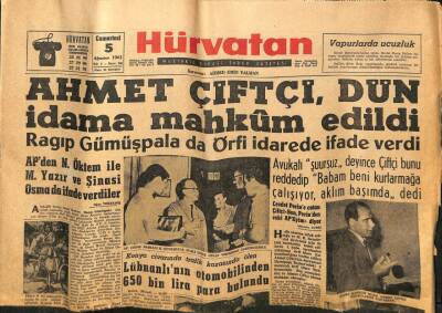 Hür Vatan Gazetesi 5 Ağustos 1961 - Ahmet Çiftçi İdama Mahkum Edildi GZ97194 - 1