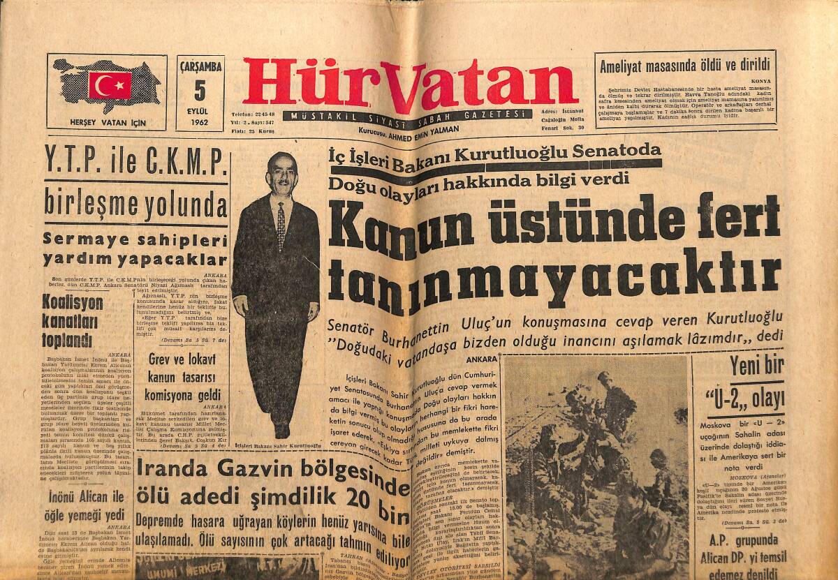 Hür Vatan Gazetesi 5 Eylül 1962 - Margaret İle Tony Bal Aylarını Geçirdikleri Jamaika'yı Ziyaret Etti - Kanun Üstünde Fert Tanınmayacaktır GZ148908 - 1