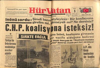 Hür Vatan Gazetesi 5 Haziran 1962 - CHP Koalisyona İsteksiz GZ97026 - 1