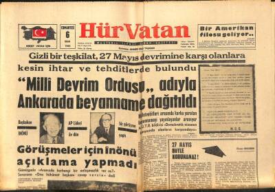 Hür Vatan Gazetesi 6 Ekim 1962 - Milli Devrim Ordusu Adıyla Beyanname Dağıtıldı GZ97105 - 1