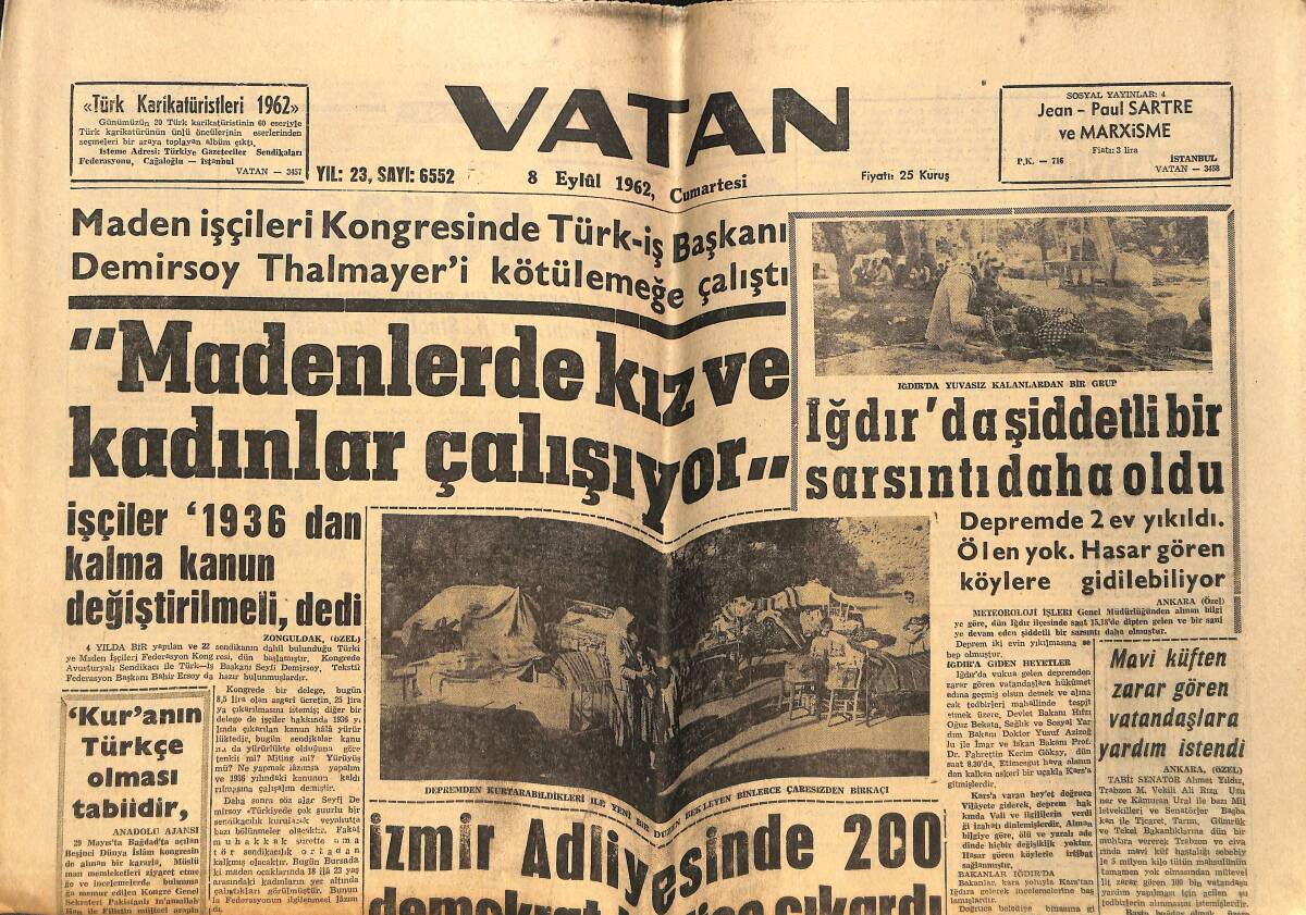 Hür Vatan Gazetesi 8 Eylül 1962 - Cezayir'de Eğitim Araplaştırılacak - Madenlerde Kız Ve Kadınlar Çalışıyor GZ148924 - 1
