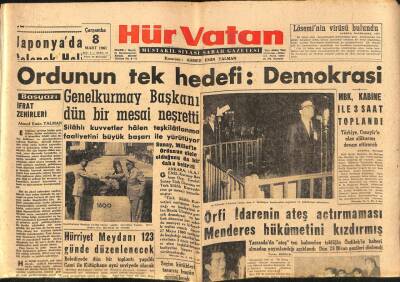 Hür Vatan Gazetesi 8 Mart 1961 - Ordunun Tek Hedefi Demokrasi GZ89957 - 1