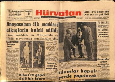 Hür Vatan Gazetesi 8 Nisan 1961 - Anayasanın İlk Maddesi Alkışlarla Kabul Edildi GZ89990 - 1
