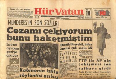 Hür Vatan Gazetesi19 Eylül 1961 - Adnan Menderesin Son Sözleri GZ97101 - 1