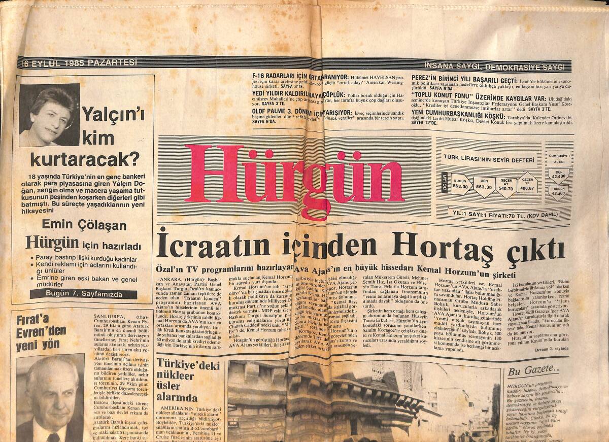 Hürgün Gazetesi 16 Eylül 1985 - Cumhurbaşkanlığı Köşkü Oldu - Gülriz Sururi, Halide Edib'i Canlandırıyor - İsmailağa İran Gibi GZ154135 - 1
