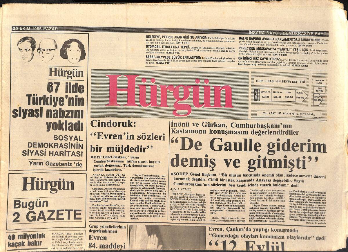 Hürgün Gazetesi 20 Ekim 1985 - Cindoruk: Evren'in Sözleri Bir Müjdedir - SHP Tüzüğü Son Şeklini Aldı GZ2445 - 1