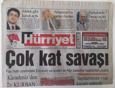 Hürriyet Bölge Gazetesi 25 Ağustos 1999 - Karadenizde Fay Hattı Gözlemi , Çok Kat Savaşı GZ16983 - 1