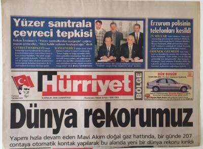 Hürriyet Bölge Gazetesi 9 Aralık 2000 - Mavi Gaz Doğal Gaz Hattında Dünya Rekoru Kırdık GZ16624 - 2