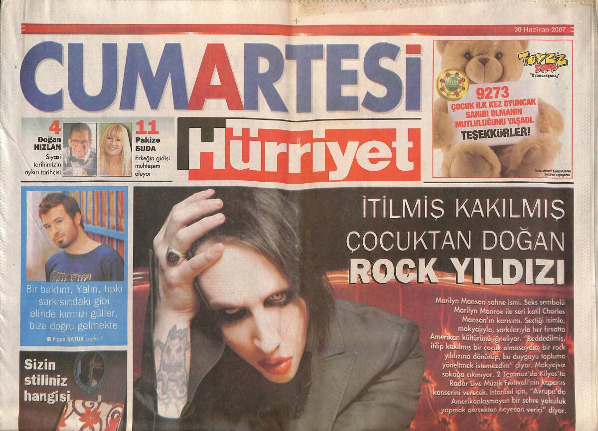 Hürriyet Cumartesi Eki 30 Haziran 2007 - İtilmiş Kakılmış Çocuktan Çıkan Rock Yıldız Marilyn Manson - Defalarca İzlenebilecek Komedi Klasiği GZ136113 - 1