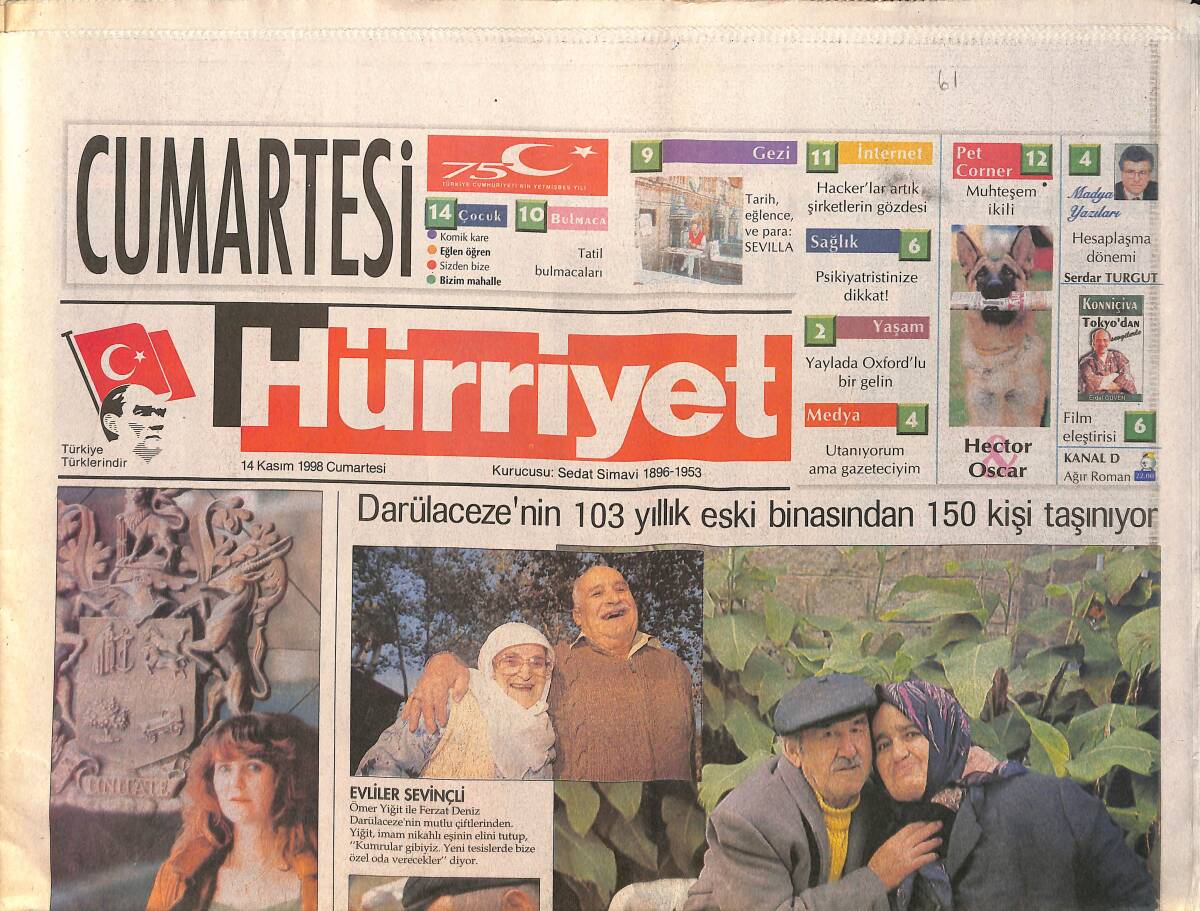 Hürriyet Cumartesi Gazetesi 14 Kasım 1998 - Oxford'dan Yaylaya - Darülaceze'de Hüzünlü Günler GZ2092 - 1