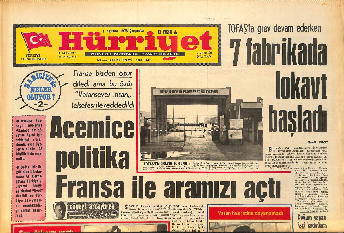 Hürriyet Gazetesi 1 Ağustos 1973 - Makarios : Grivas Türklere Hizmet Ediyor - TOFAŞ'ta Grev Devam Ederken 7 Fabrikada Lokavt Başladı GZ157761 - 1