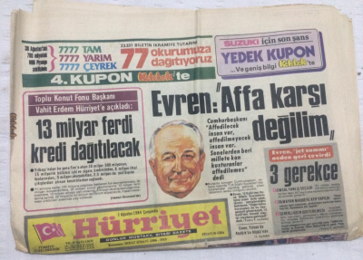 Hürriyet Gazetesi 1 Ağustos 1984 - Evren Affa Karşı Değilim - GZ17809 - 1