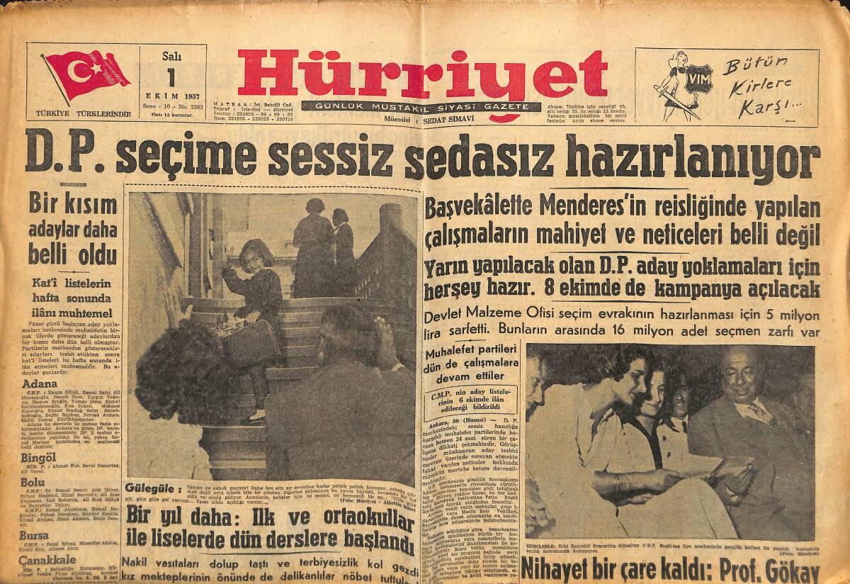 Hürriyet Gazetesi 1 Ekim 1957 - DP Seçime Sessiz Sedasız Hazırlanıyor - İzmir'de Kapani Kardeşler Arasında Seçim Mücadelesi GZ140601 - 1