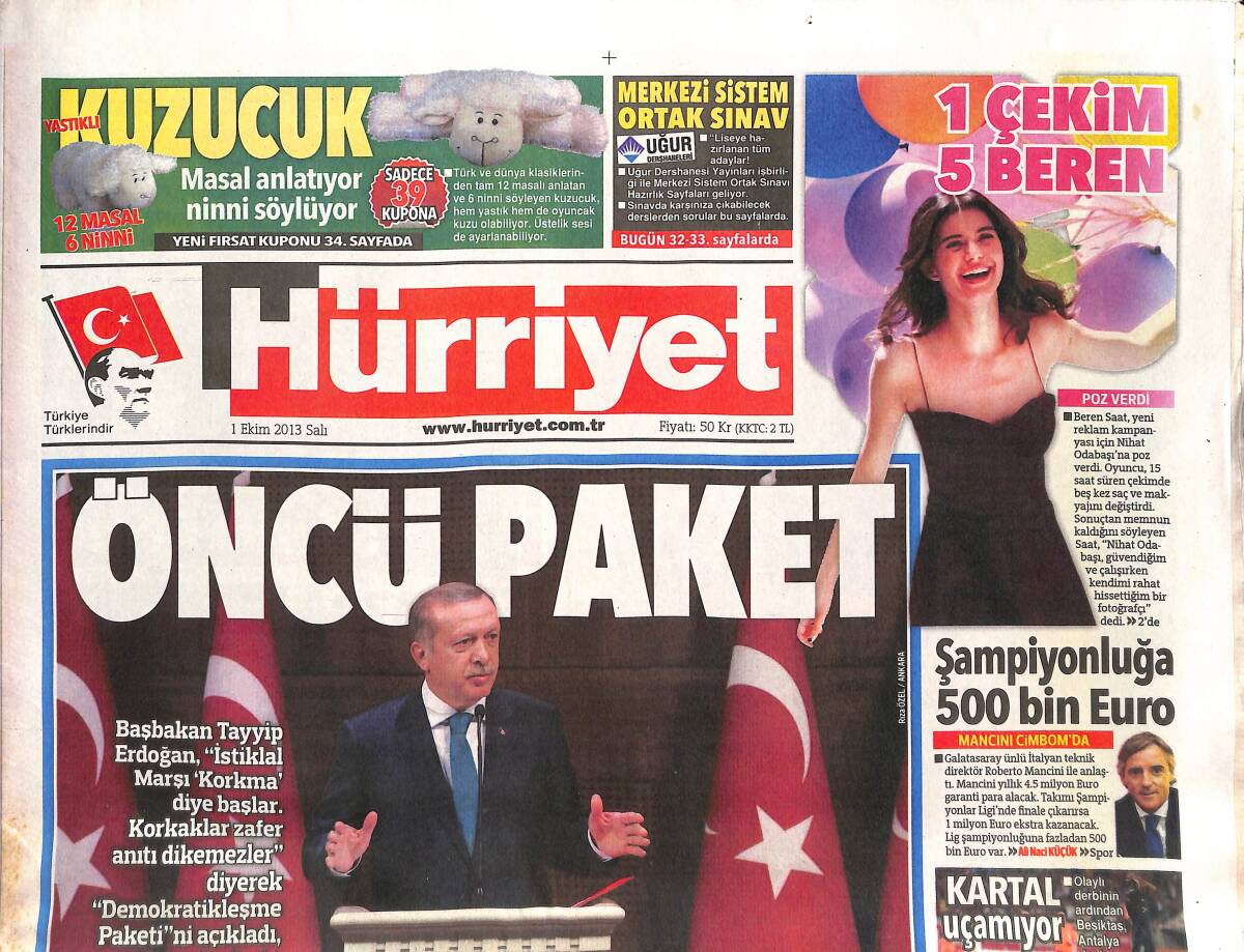 Hürriyet Gazetesi 1 Ekim 2013 - 1 Çekim 5 Beren Saat - İşte Yeni Gelen Haklar! - Başbakan Erdoğan Öncü Paketleri Açıkladı! GZ136979 - 1