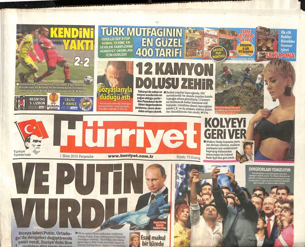 Hürriyet Gazetesi 1 Ekim 2015 - Filistim Bayrağı BM'de Gönderde - Volkswagen'de Suçlu Kim Soruşturması Başladı GZ159627 - 1