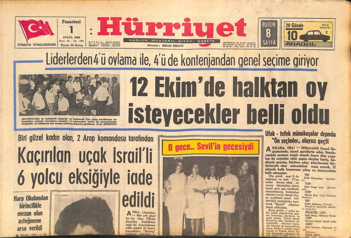Hürriyet Gazetesi 1 Eylül 1969 - 12 Ekim'de Halktan Oy İsteyecekler Belli Oldu - Serbest Ve Grekoromende Balkan Şampiyonu Olduk! GZ145674 - 1