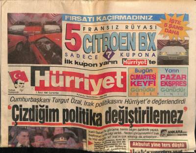 Hürriyet Gazetesi 1 Eylül 1990 - ABD Saddamı Yargılayacak GZ64373 - 2