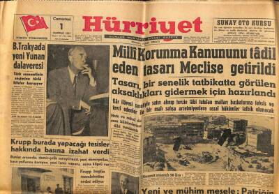 Hürriyet Gazetesi 1 Haziran 1957 - Milli Korunma Kanununu Tadil Eden Tasarı Meclise Getirildi GZ81044 - 1