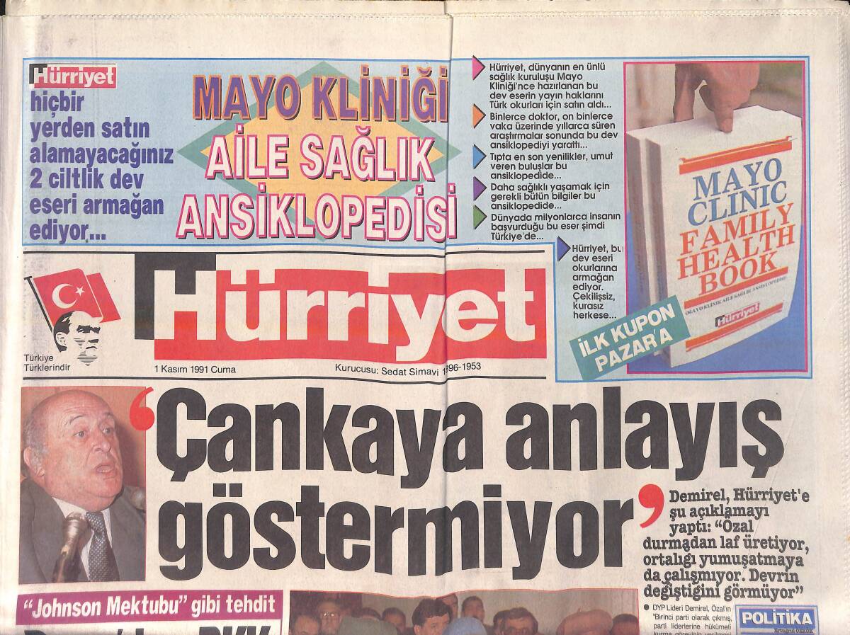 Hürriyet Gazetesi 1 Kasım 1991 - Galatasaray'da Başkan Enflasyonu - Demirel 