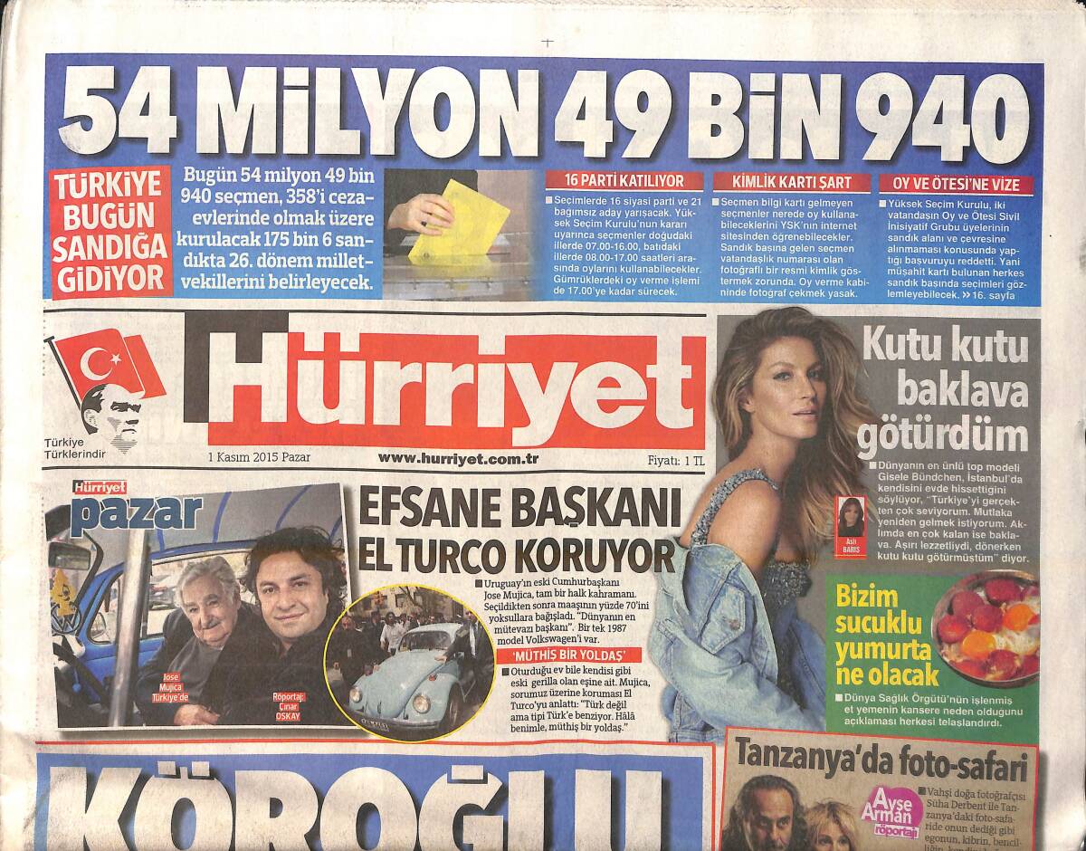 Hürriyet Gazetesi 1 Kasım 2015 - Rus Uçağı Düştü 224 Ölü - Monte Carlo'da Göbek Havası GZ159559 - 1