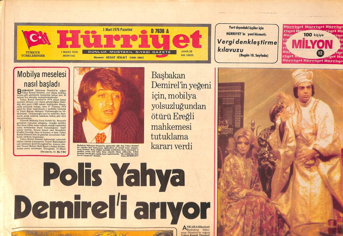 Hürriyet Gazetesi 1 Mart 1976 - Süleyman Demirel'in Yeğeni Yahya Demirel Tutuklandı - Şark Prensesi Ajda Pekkan Fransızları Büyüledi GZ158240 - 1