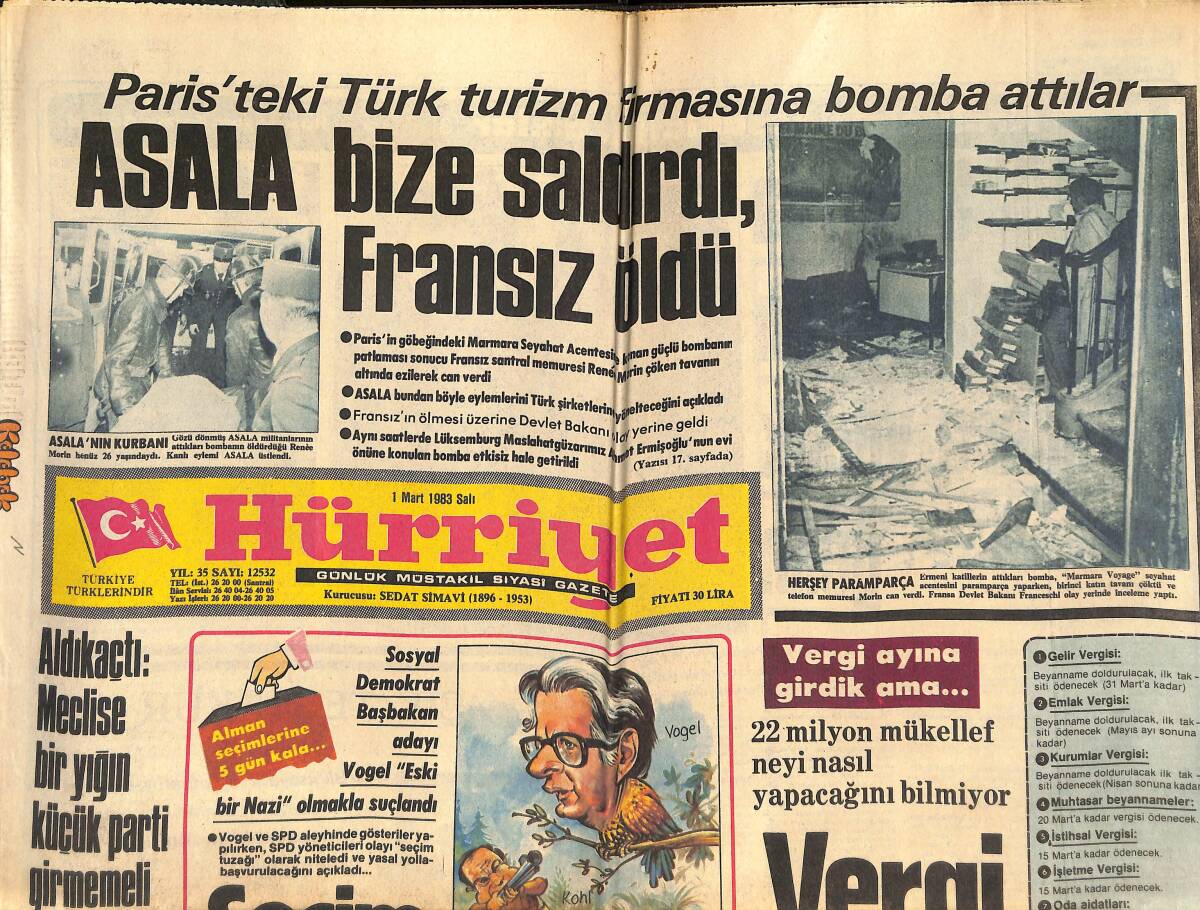 Hürriyet Gazetesi 1 Mart 1983 - Vergi Şaşkınlığı - Seçim Skandalı - Teşkilat İkiye Bölündü - Efes Hayatının Primini Aldı 100'er Bin Lira! GZ142209 - 1