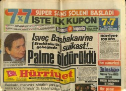 Hürriyet Gazetesi 1 Mart 1986 - İsveç Başbakanına Suikast !... Palme Öldürüldü GZ62493 - 1