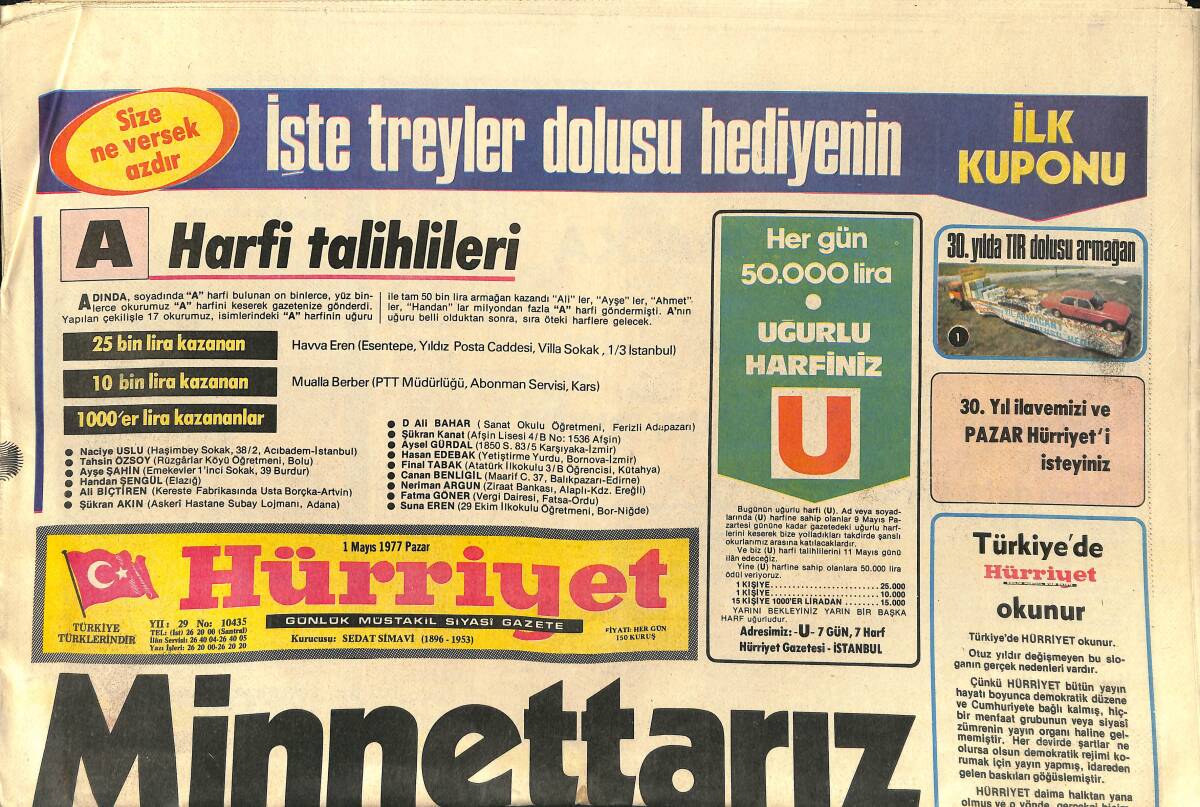 Hürriyet Gazetesi 1 Mayıs 1977 - Raquel Welch Kıskançlığa Gelemiyor - Eskişehir Demirspor Kader Maçına Hazır GZ156977 - 1