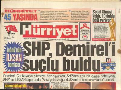 Hürriyet Gazetesi 1 Mayıs 1993 - SHP , Demireli Suçlu Buldu - Çağlar Cumhurbaşkanı Kabinenin Başıdır... GZ127547 - 1