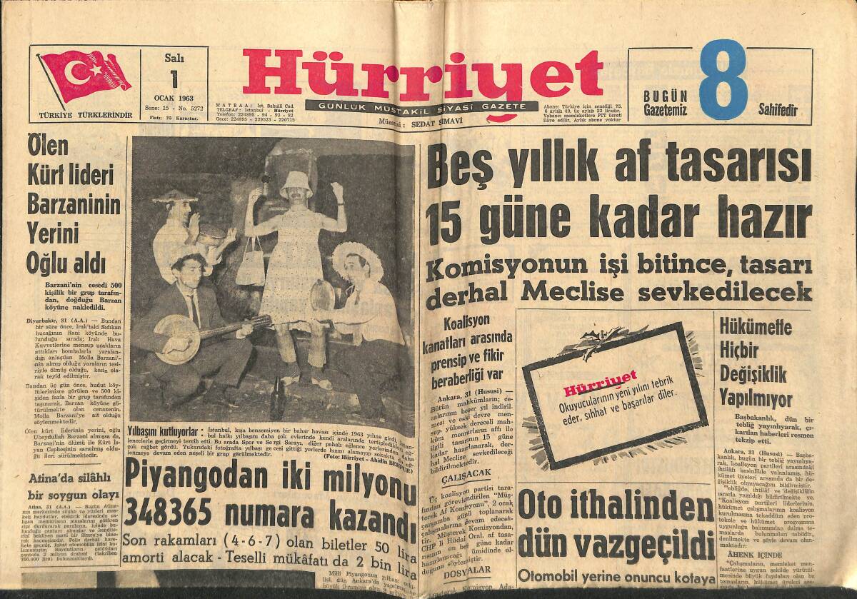 Hürriyet Gazetesi 1 Ocak 1963 - Ölen Kürt Lideri Barzani'nin Yerini Oğlu Aldı - Maria Callas Da Film Çevirecek GZ146955 - 1