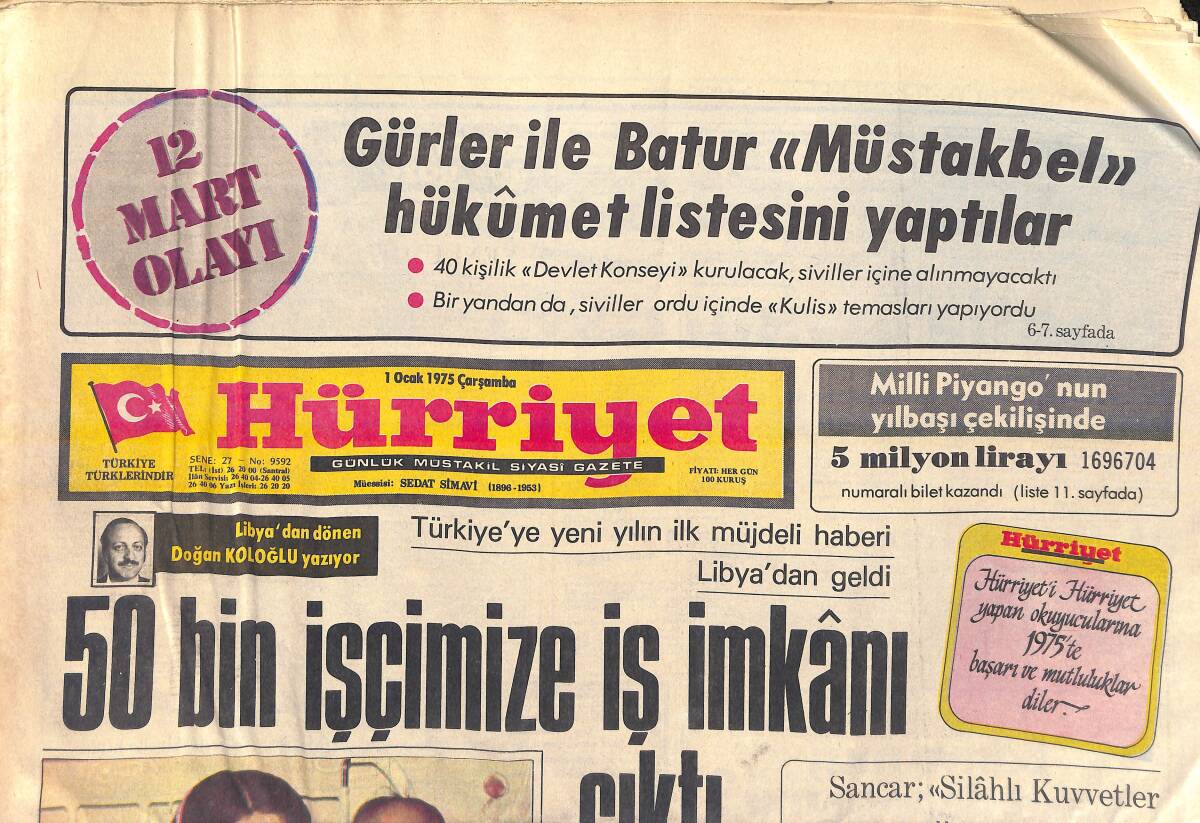 Hürriyet Gazetesi 1 Ocak 1975 - Yılın Olayı: Muhammed Ali'nin Foreman'ı Nakavt Edişi - Didi: Eğer İsterlerse Fenerbahçe'ye Gelecek Yıl Hizmet Ederim GZ156995 - 1