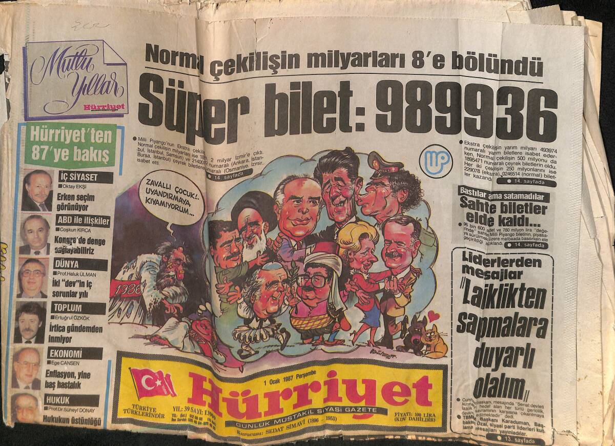 Hürriyet Gazetesi 1 Ocak 1987 - Özal , 7 Santim Kalınlaştı - Liderlerden Mesajlar - Stephanie : İlk Erkeğim Belmondo GZ160905 - 1