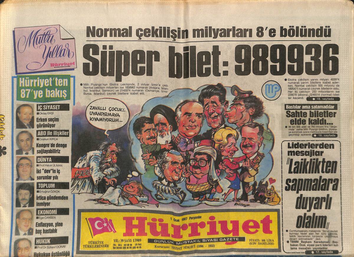 Hürriyet Gazetesi 1 Ocak 1987 - Özal , 7 Santim Kalınlaştı - Sofya'dan Yeni Yıl Jesti GZ150465 - 1