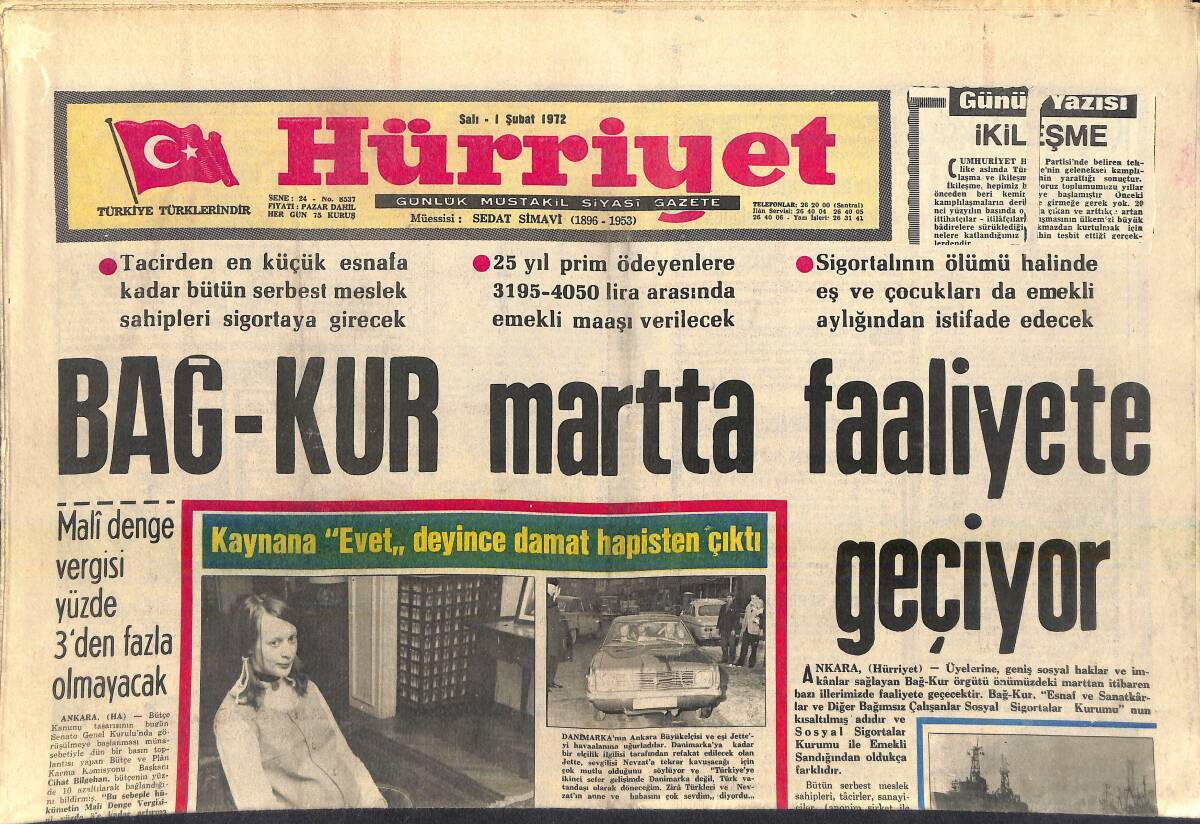 Hürriyet Gazetesi 1 Şubat 1972 - Sevgilisinden Ayrılan Sylva Koscina Avunmak İçin Türkiye'ye Gelecek - Bağ-Kur Martta Faliyete Geçiyor GZ156960 - 1