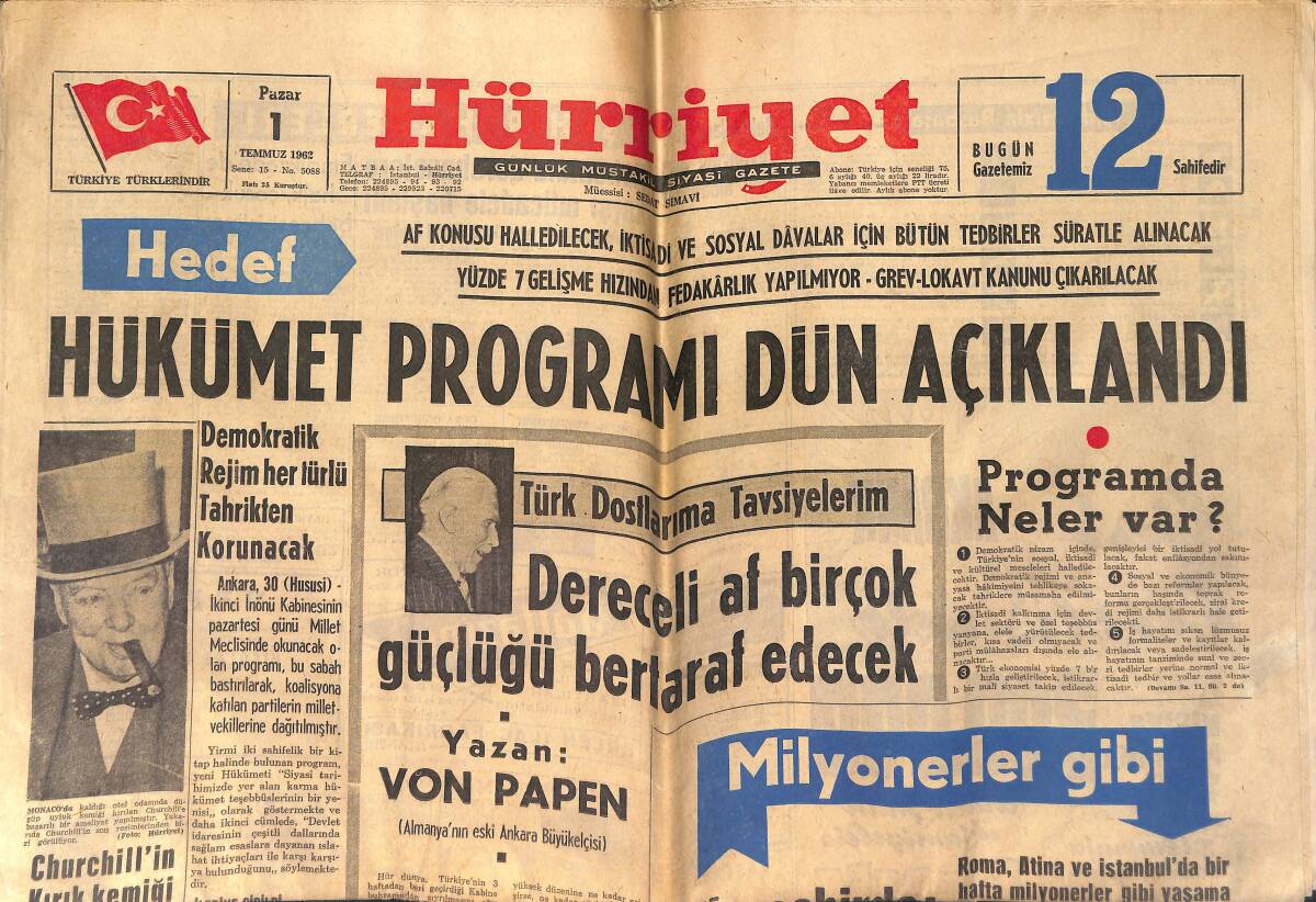 Hürriyet Gazetesi 1 Temmuz 1962 - Churchill'in Kırık Kemiği Çelik İğneyle Birleştirildi - Jayne ,Roma'nın Tadını Çıkarıyor GZ153975 - 1