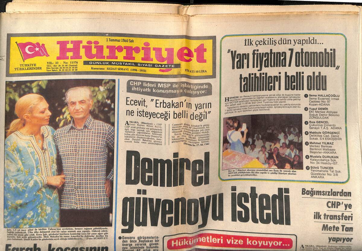 Hürriyet Gazetesi 1 Temmuz 1980 - Baştürk Yine Başkan - Farah , Kocasının Hayatından Ümidini Kesti GZ147058 - 1