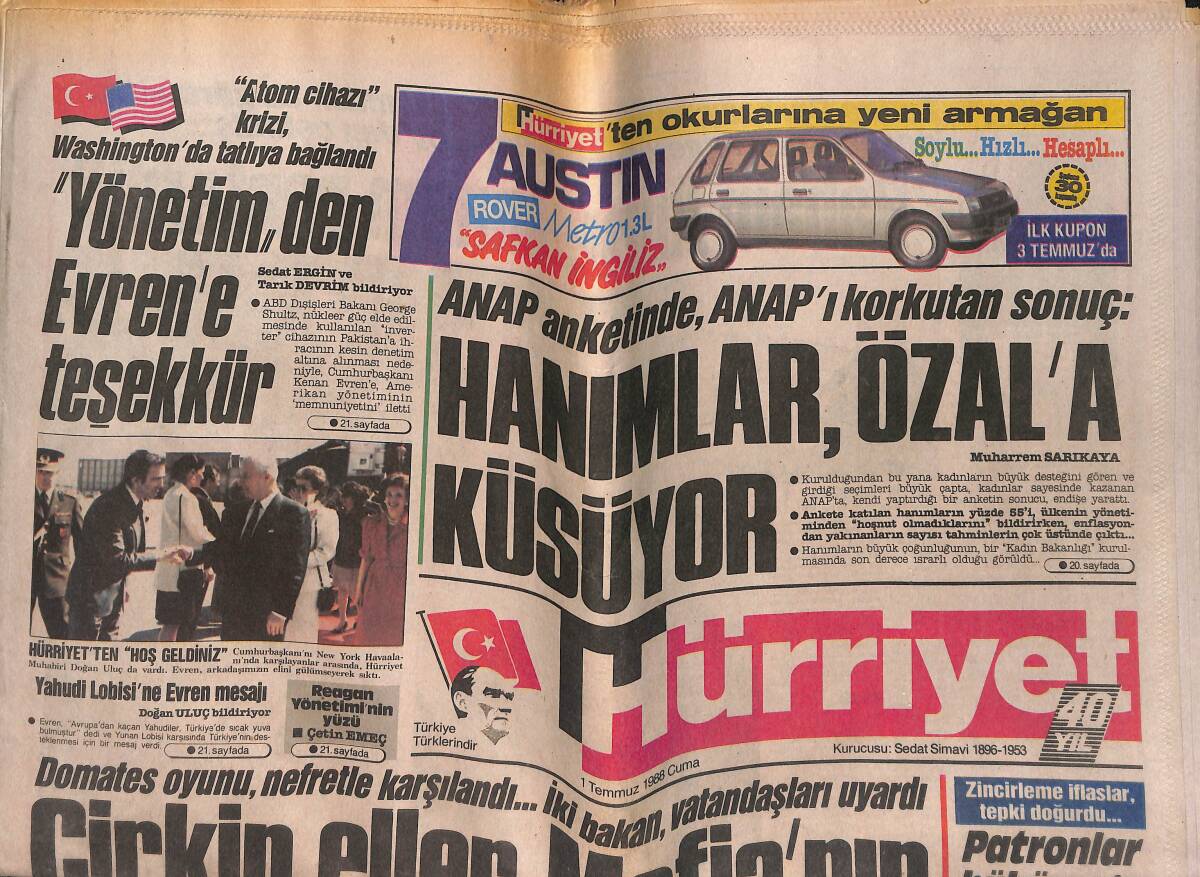 Hürriyet Gazetesi 1 Temmuz 1988 - İstanbul'da 2. Köprü Bayramı - Zeliha Berksoy: Babam Kuzu, Annem Panterdi GZ153370 - 1
