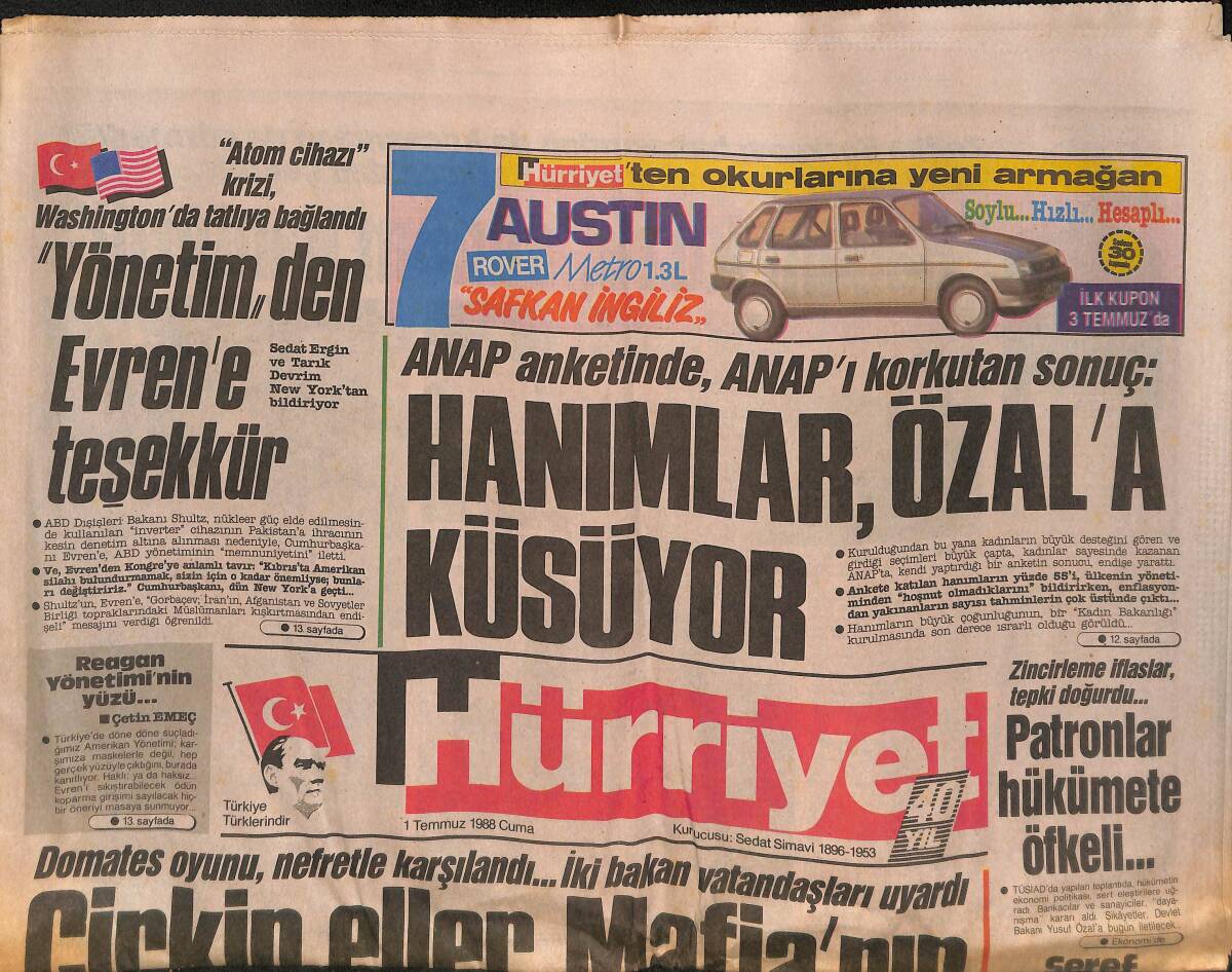 Hürriyet Gazetesi 1 Temmuz 1988 - SHP'de Birlik Sözü verildi - Patronlar Hükümete Öfkeli - Çirkin Eller Mafia'nın GZ132452 - 1