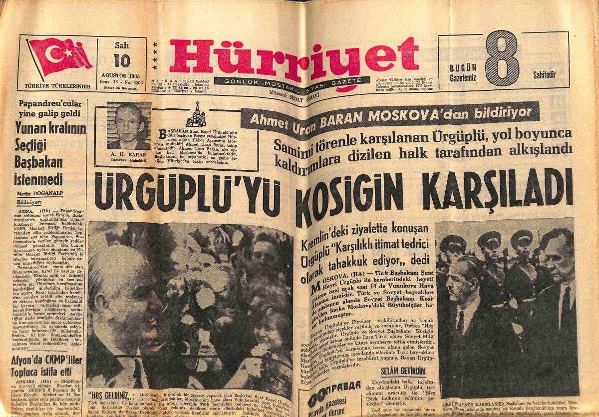 Hürriyet Gazetesi 10 Ağustos 1965 - Ürgüplü'yü Kosigin Karşıladı - Yunan Kralının Seçtiği Başbakan İstenmedi GZ143115 - 1