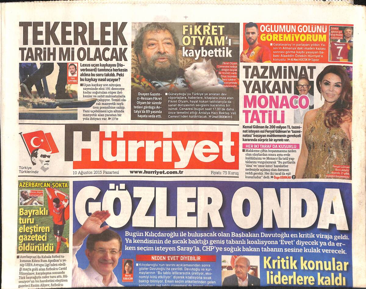 Hürriyet Gazetesi 10 Ağustos 2015 - Göksel'den Sanat Müziği Ziyafeti - Fikret Otyam'ı Kaybettik GZ160228 - 1