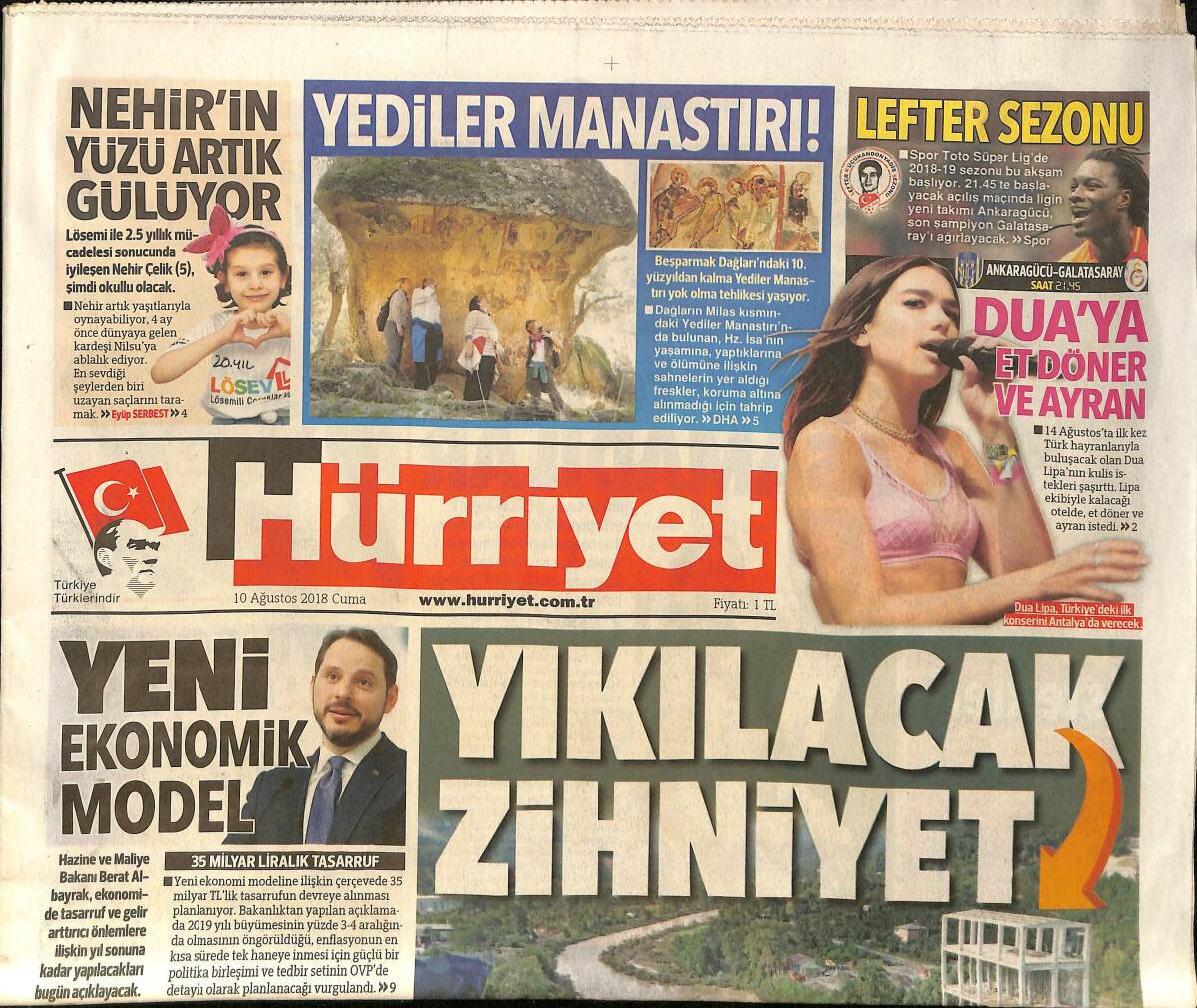 Hürriyet Gazetesi 10 Ağustos 2018 - Dua Lipa'ya Et Döner Ve Ayran - Denizde Fındık Adaları GZ154237 - 1